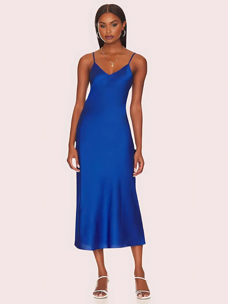 Glamorous Blue Satin Slip Midi Dress