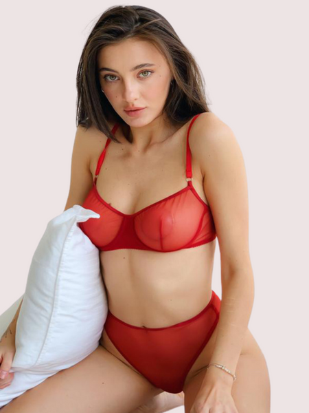 Sensual Red Bra & Thong Set - Fully See-Through Design - My Vastra