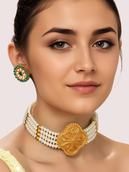 Royal Blossom Pearl Necklace with Ornate Floral Gold Pendant