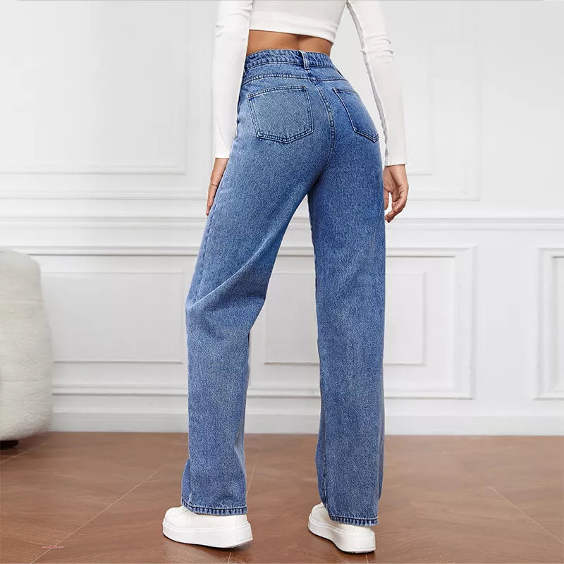 High Waisted Washed Straight Leg Jeans for Women - My Vastra