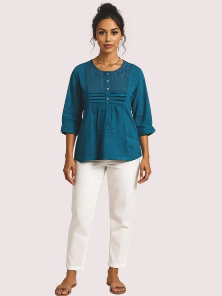 Teal Pintuck Detail Cotton Tunic Top