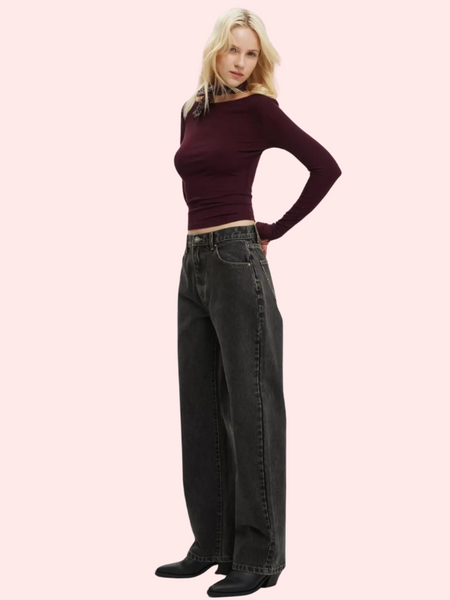 Women's Loose Straight Jeans in Smokey Black Denim - My Vastra