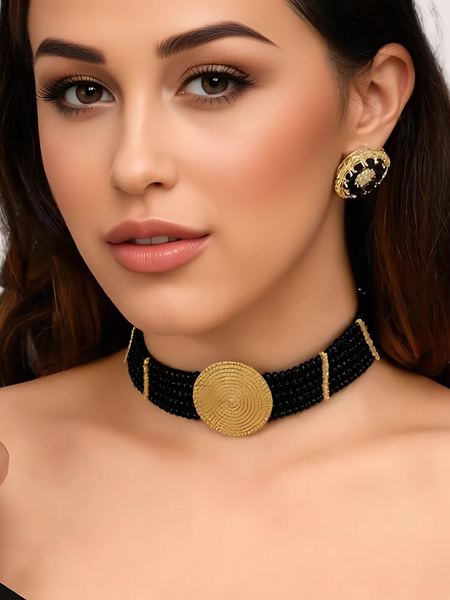 Timeless Grace Black Beaded Necklace with Gold Mandala Pendant