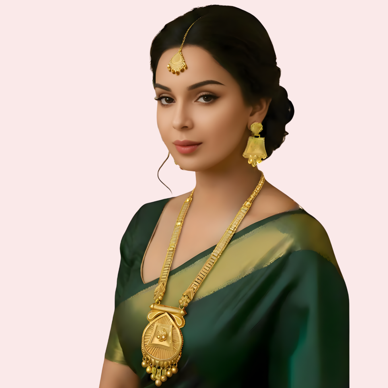 Royal Temple Gold Necklace Set with Jhumka Earrings & Maang Tikka