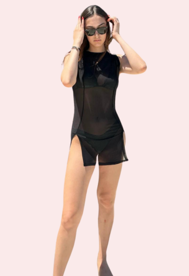 Sheer Black Mini Dress with Dual Open Slits - My Vastra