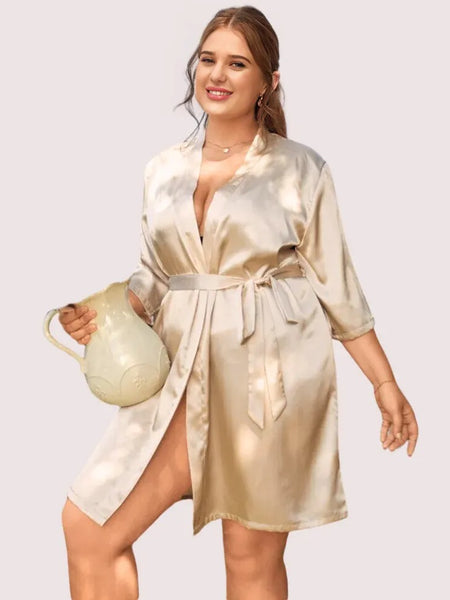 5XL-6XL Beige Silk Satin Robe
