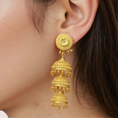 Triple-Tiered Gold Jhumka Earrings