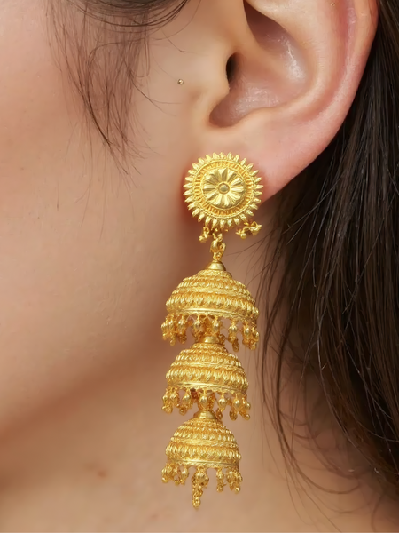 Triple-Tiered Gold Jhumka Earrings