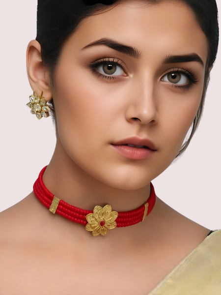 Scarlet Bloom Red Beaded Necklace with Floral Gold Pendant