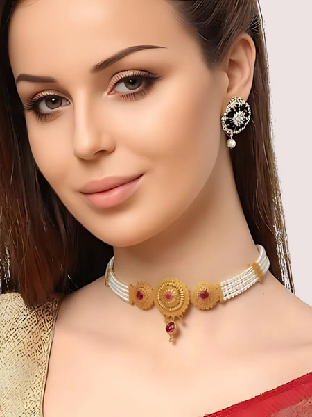 Royal Ruby Pearl Choker Necklace with Antique Gold Detailing