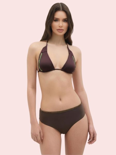 Espresso Dream Embellished Trim Triangle Bikini Topa (Top Only)