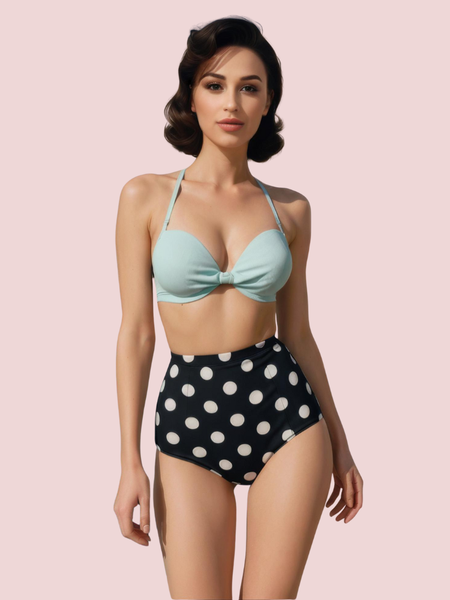 Retro Halter Neck & Bow-Front Sweetheart Bikini Topa in Mint (Top Only)
