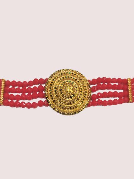 Bold Elegance Red Beaded Necklace with Ornate Gold Medallion