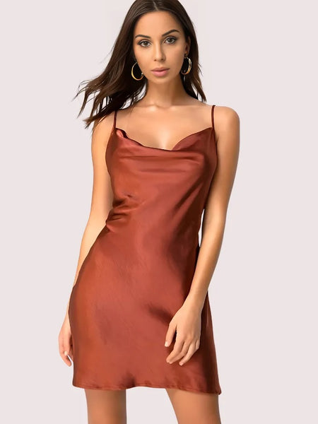 Elegant  Dark Rust Satin Slip Dress