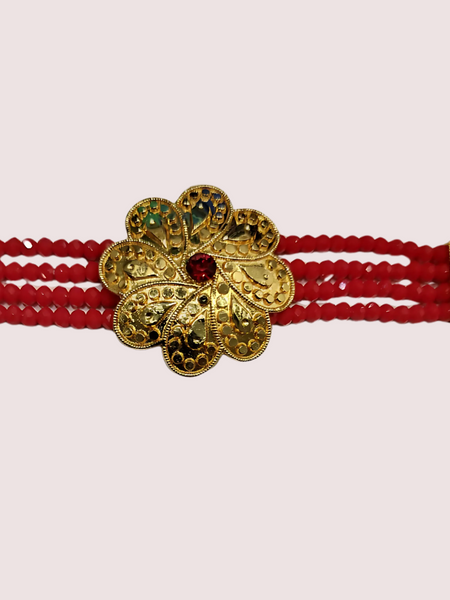 Scarlet Bloom Red Beaded Necklace with Floral Gold Pendant