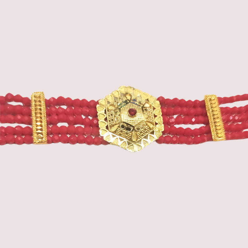 HexaCharm Red Beaded Necklace with Golden Hexagon Pendant