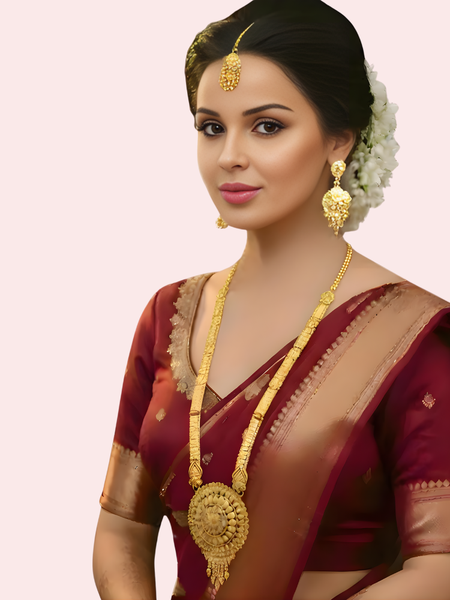 Bridal Heritage Gold Long Necklace Set with Earrings & Maang Tikka