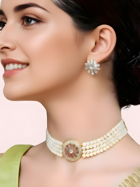 Floral Pearl Choker Necklace & Stud Earrings Set