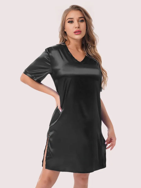 Silk satin sexy black short sleepwear