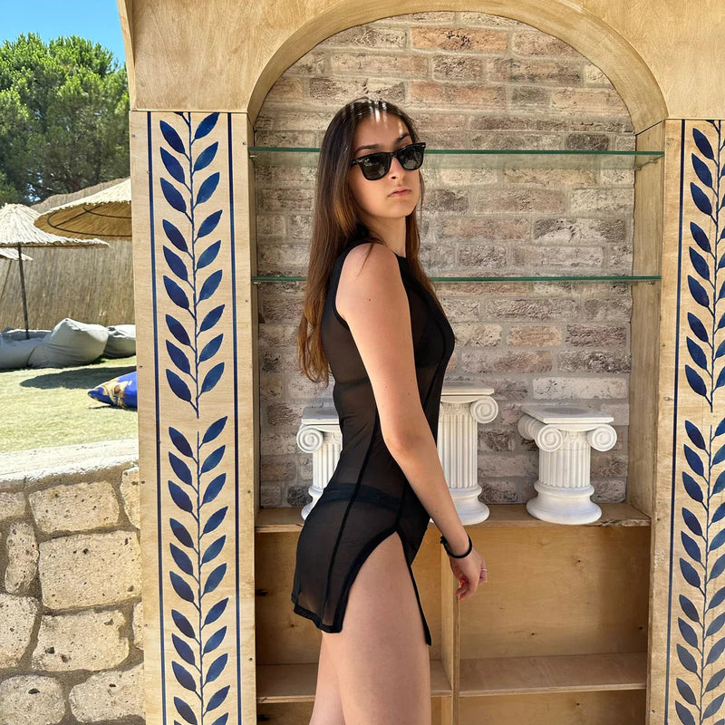Maison Allure Sheer Black Mini Dress with Dual Open Slits