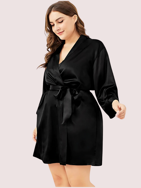 5XL-6XL Black Japanese Silk Satin Robe