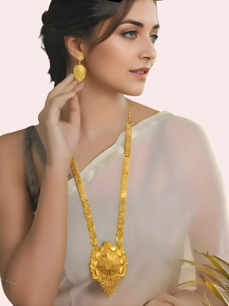 Classic Bridal Gold Long Necklace Set with Pendant, Earrings & Maang Tikka