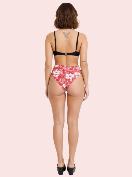 Red & White Floral Print High-Cut Thong Bikini Bottom (Bottom Only)