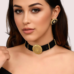 Midnight Majesty Black Beaded Necklace with Ornate Gold Floral Medallion