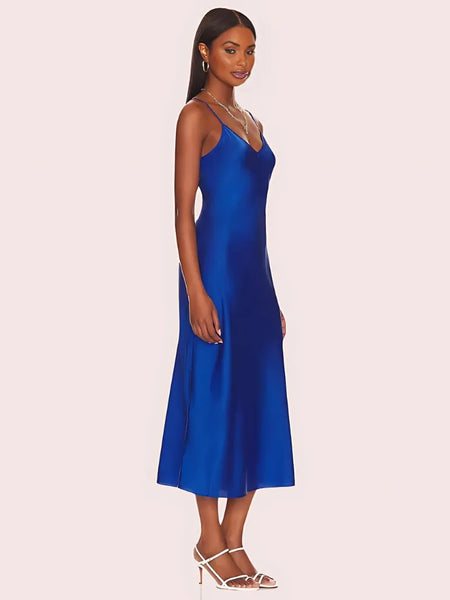 Glamorous Blue Satin Slip Midi Dress