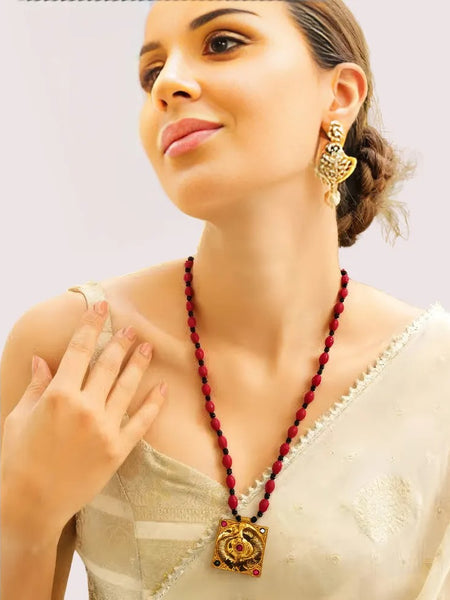 Royal Red Beaded Temple Pendant Necklace