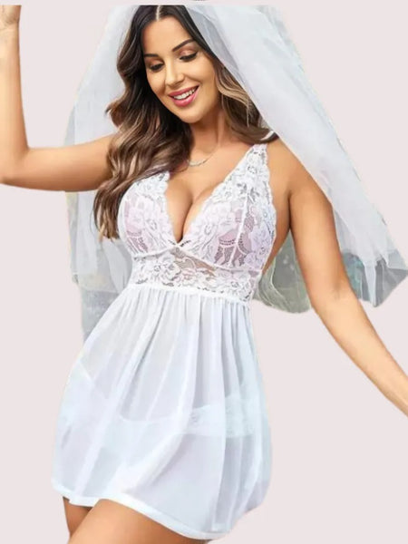 Bridal White Lace & Sheer Babydoll Nightwear