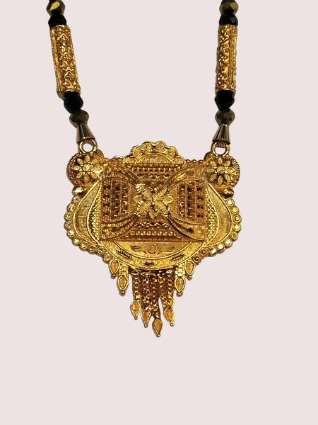 Regal Dual-Strand Black Bead Mangalsutra with Antique Pendant