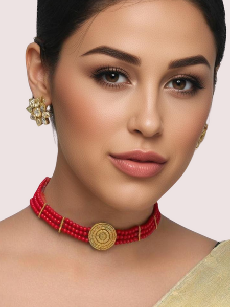 Bold Elegance Red Beaded Necklace with Ornate Gold Medallion