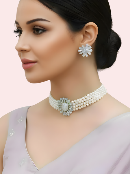 Classic White Pearl Choker Necklace & Floral Earrings Set