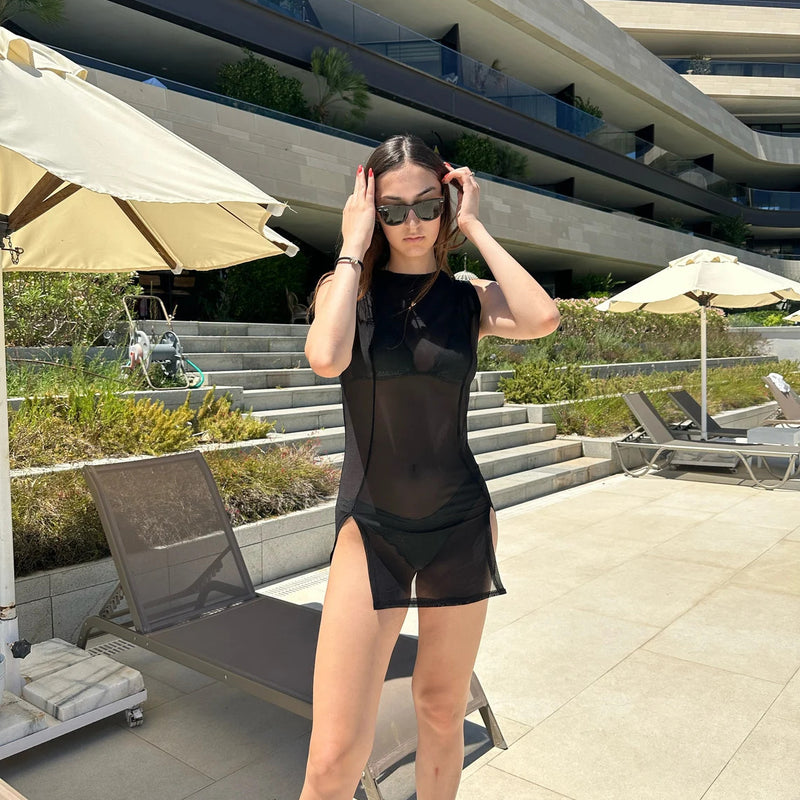 Sheer Black Mini Dress with Dual Open Slits - My Vastra