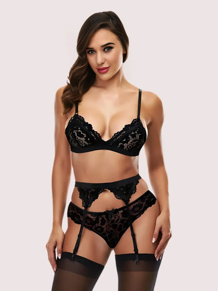 Crimson Whisper Lace Bra & Garter Set