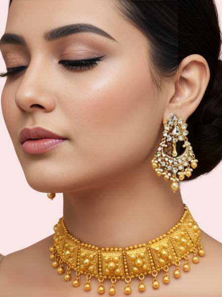 Royal Kundan-Style Gold-Plated Pearl Drop Choker Necklace