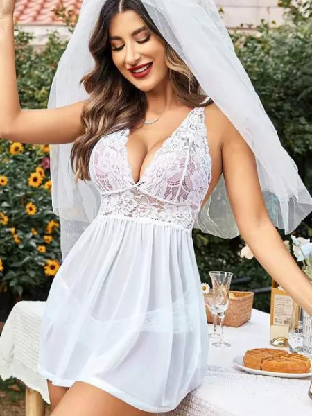 Bridal White Lace & Sheer Babydoll Nightwear - My Vastra