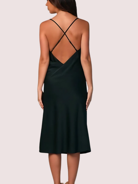 Navy Satin Cowl Neck Midi Dress
