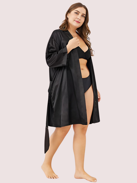 5XL-6XL Black Japanese Silk Satin Robe