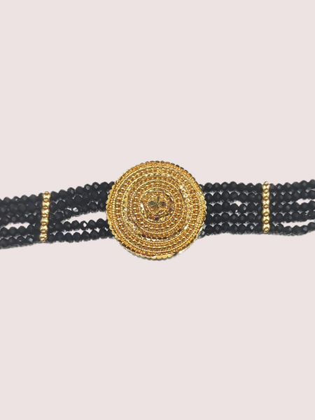 Timeless Grace Black Beaded Necklace with Gold Mandala Pendant