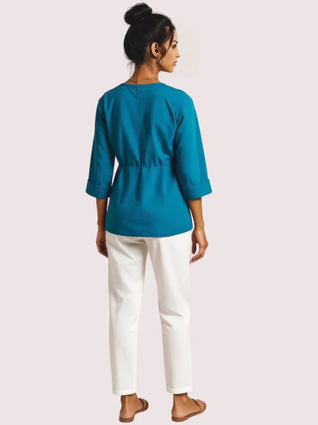 Teal Pintuck Detail Cotton Tunic Top