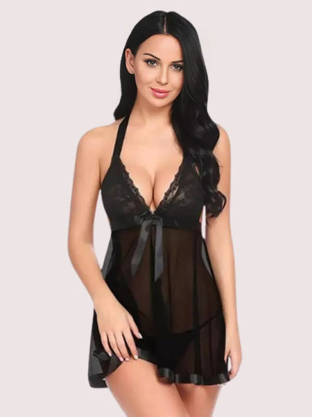 Flirty Sheer and Lace Chemise in Black