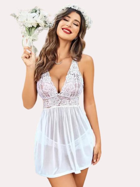 Bridal White Lace & Sheer Babydoll Nightwear - My Vastra