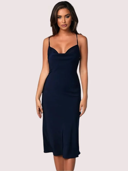 Navy Satin Cowl Neck Midi Dress