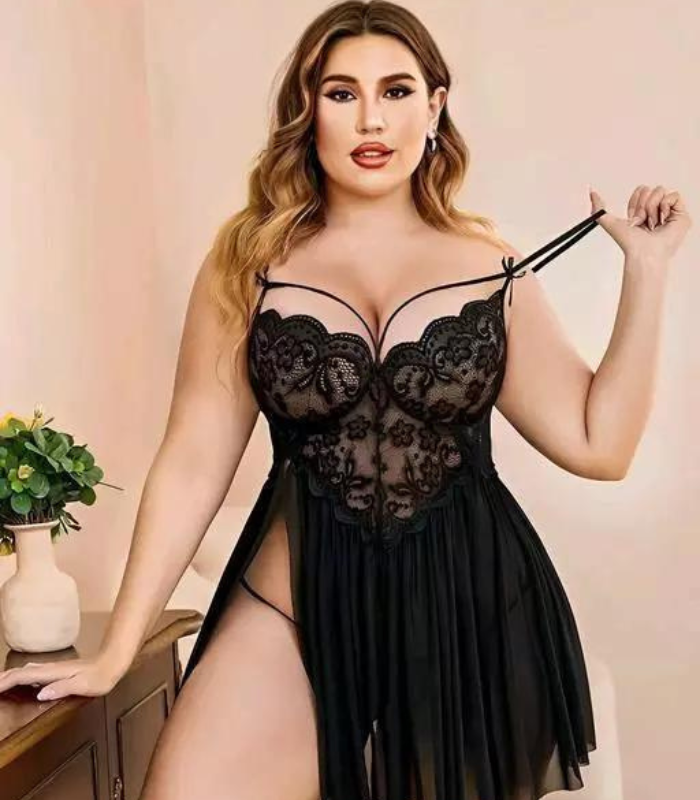 French Daina Lace and Mesh Babydoll Nightwear - My Vastra