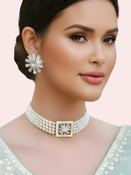 Ivory Pearl Choker Necklace & Floral Statement Earrings Set