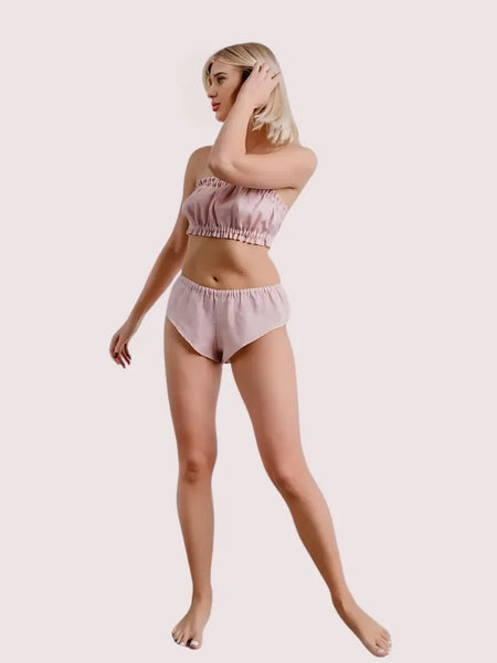 2-Pack Natural Flax Linen Ruffled Bandeau & Vintage Knickers Set