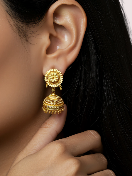 Classic Gold Jhumka Earrings with Floral Motif